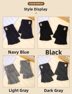 Detailed grid view of knitted fingerless alpaca wool gloves with leather deer patch