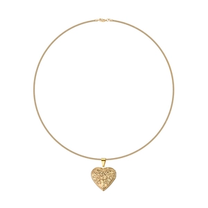 Golden heart locket necklace with tree of life engraving on a polished snake chain