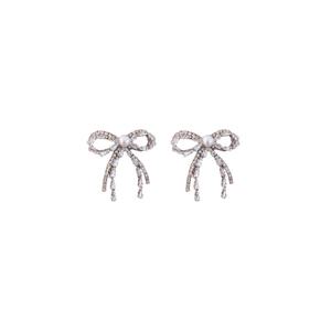 Bowknot fringe earrings with artificial pearls and crystals in silver finish