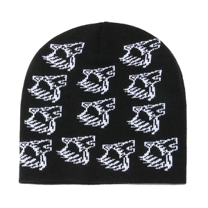 Winter knit beanie hat with black and white abstract wolf jacquard pattern for outdoors
