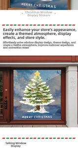 Detail view of snowy Christmas tree static cling window decal with bunny decoration