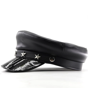 Fashionable black PU leather military hat with star rivets and glossy brim