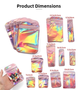 Detailed size chart showing ten specifications for holographic resealable jewelry bags
