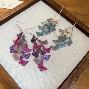 Boucles d'oreilles papillon élégantes avec dégradés violet et bleu dans un cadre bois