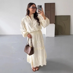 Women Off White Long Sleeve Hollow Embroidery Lace Shirt And Tiered Maxi Skirt French Vintage Elegant