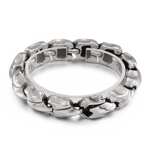 Mens punk dragon bone link bracelet in silver stainless steel with industrial design