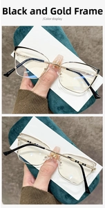 Detail of black gold cat-eye metal frame glasses showing front and back views