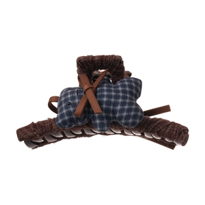 Brown corduroy bear hair claw clip with blue plaid ribbon and sweet bow accent