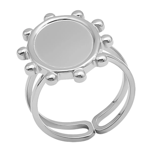 Detail of silver stainless steel adjustable ring with solar geometric disc design