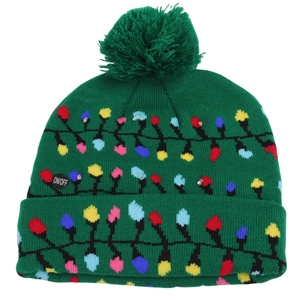 Macro detail of green Christmas knitted hat with LED lights and colorful bulb patterns