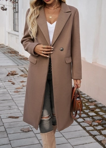 Detail of brown long lapel cardigan coat with single-breasted buttons and outer pockets