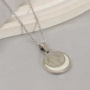Religious Virgin Mary medal necklace in silver stainless steel with mother of pearl inlay