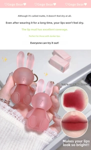 Matte lip mud in cute bunny container showing dark pink swatches and finish
