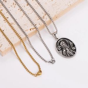 Retro Saint Benedict stainless steel pendant necklace in gold and silver finish