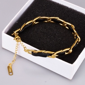 18K gold plated chain and black leather woven bracelet in a white jewelry gift box