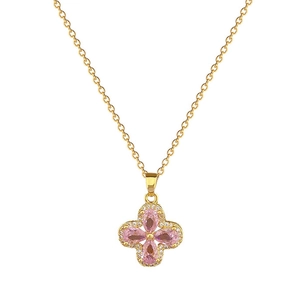 Luxurious gold-plated titanium steel necklace with a pink clover zircon flower pendant