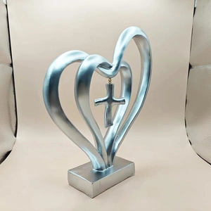 Silver resin heart desktop ornament with hanging cross detail on rectangular base
