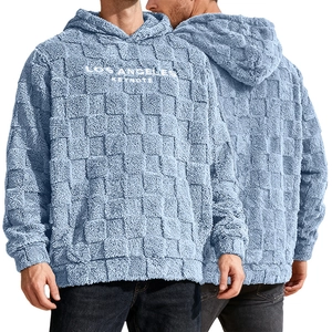 Men Hoodie Pullover Checkerboard Embossed Sherpa Fleece Embroidered Letter Loose Fit Casual Athletic Sweatshirt