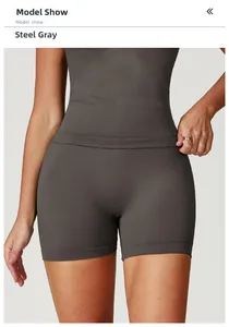 Detail of seamless high waist yoga shorts in steel gray with breathable knit texture