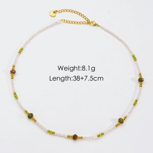 Detail view of handmade beaded necklace showing 8.1g weight and 38+7.5cm length measurements