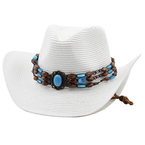 White Western cowboy straw hat with turquoise bead band and adjustable wind cord