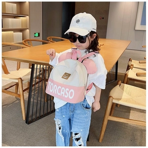 Pink and white color block kids backpack with cute ears and Torcaso letter print