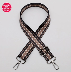 Detail of ethnic geometric wave pattern guitar strap with gunmetal lobster claw clasps
