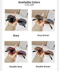Detailed grid view of frameless octagon sunglasses with faceted edges in four gradient colors
