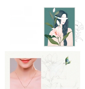 Detail of rose gold rectangular pendant necklace with delicate chain on female model