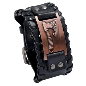 Men Bracelet PU Leather Alloy Viking Axe Braided Wide Cuff Punk Rock Nordic Style Retro Jewelry For Male