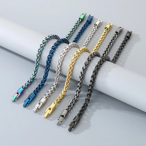 Detailed display of colorful stainless steel basket chain bracelets in six metallic finishes