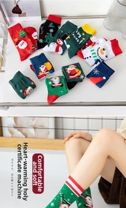 Close-up of festive Christmas socks featuring knitted Santa and reindeer patterns