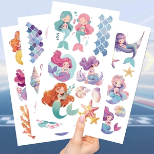 Waterproof cartoon mermaid temporary tattoos for kids featuring shells and starfish