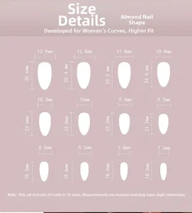Tableau des tailles pour faux ongles amande papillon 3D, 12 tailles, 24 pièces au total