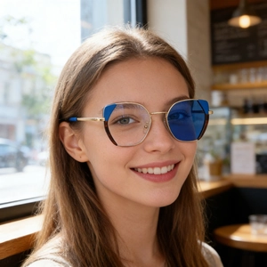 Chic photo of woman wearing square metal glasses with blue light blocking lenses in a cafe