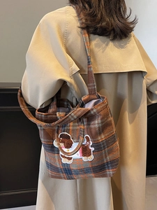Brown plaid wool tote bag for women featuring a 3D cute puppy embroidery and large capacity