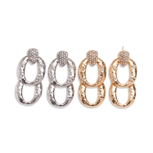 Vintage geometric oval hoop earrings with hammered texture and zircon in gold and silver