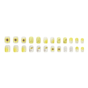 Cute sunflower and bee press-on nails set with 24 pieces in bright yellow and white