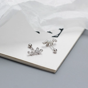 Detailed macro view of S925 silver crown earrings with sparkling zircons and screw backs