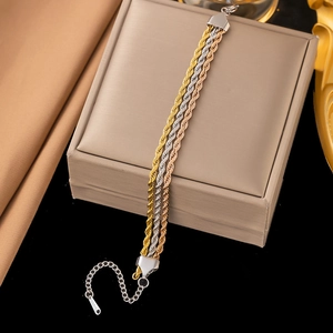Three-tone stainless steel triple strand rope chain bracelet in gold, silver and rose gold