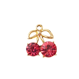 DIY cherry pendant with red crystal rhinestones and gold bow for jewelry making