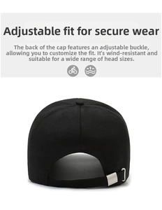 Detail of black baseball cap back with adjustable metal buckle and canvas strap