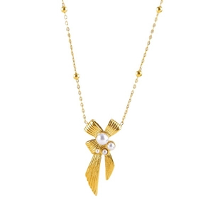 Vintage gold bow necklace with pearl accent on a delicate bead chain for women