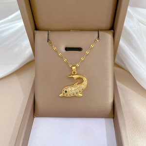 Dolphin Pendant Necklace Titanium Steel Chain And Copper Cubic Zirconia Inlaid Luxurious Sparkling Jewelry For Women