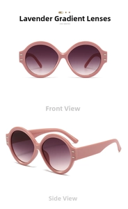 Vistas frontal y lateral de gafas de sol redondas con degradado violeta y montura mate