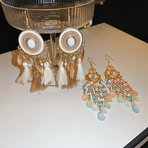 Bohemian Ethnic Crystal Rice Beads Tassel Earrings Water Drop Alloy Dangle Hook Vintage Jewelry For Women