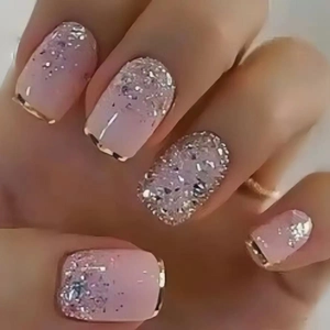 Pink Gradient Press On Nails French Square Artificial Nail Tips Silver Glitter Gold Edge For Women Girls