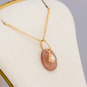 925 silver gold plated necklace with strawberry quartz and opal gemstone pendant