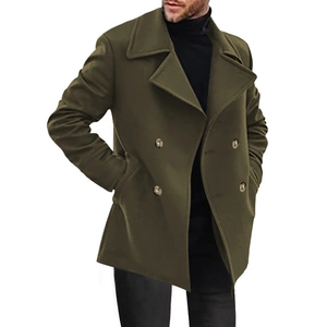 Detailed view of army green double-breasted coat texture and button craftsmanship