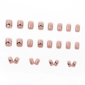 24-piece set of square fake nails with black wavy lines and gold leaf accents